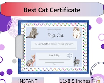 Best Cat Certificate 3 Printable, Cat Award, Great Gift for Cat Lover, Feline Award, Instant DIGITAL DOWNLOAD, Print at Home