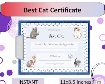 Best Cat Certificate 1 Printable, Cat Award, Great Gift for Cat Lover, Feline Award, Instant DIGITAL DOWNLOAD, Print at Home