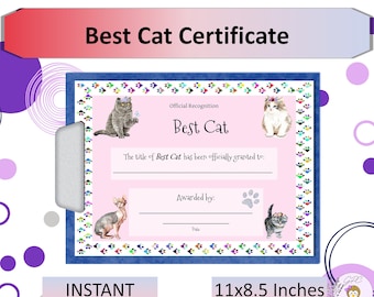 Best Cat Certificate 2 Printable, Cat Award, Great Gift for Cat Lover, Feline Award, Instant DIGITAL DOWNLOAD, Print at Home