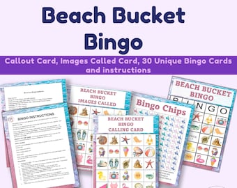 Beach Bucket Bingo Printable 30 Unique 5X5 Bingo Cards, Calling Card, Image Called Card, Bingo Chips  DIGITAL DOWNLOAD Graphic Bingo Seaside