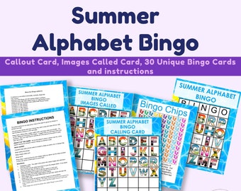 Summer Alphabet Bingo Printable 30 Unique 5X5 Bingo Cards, Calling Card, Image Called Card, Bingo Chips  DIGITAL DOWNLOAD Learning Game