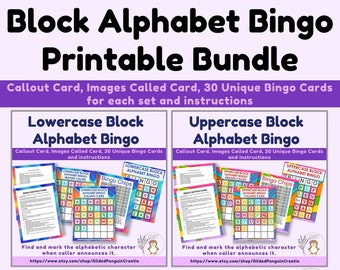 Block Alphabet Bingo Printable Bundle 2 Sets of 30 Unique 5X5 Bingo Cards, Calling Card, Imaged Called Card, Bingo Chips  DIGITAL DOWNLOAD