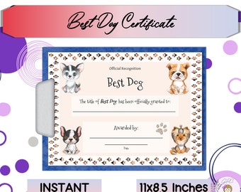 Best Dog Certificate 1 Printable, Dog Award, Great Gift for Dog Lover, Instant DIGITAL DOWNLOAD, Print at Home