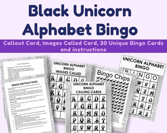 Black Unicorn Alphabet Bingo Printable 30 Unique 5X5 Bingo Cards, Calling Card, Image Called Card, Bingo Chips  DIGITAL DOWNLOAD Minimalist