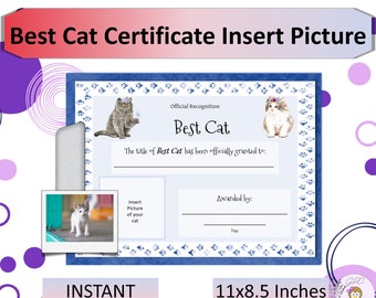 Best Cat Certificate 1 Insert Cat Picture Printable, Cat Award, Great Gift for Cat Lover, Feline, Instant DIGITAL DOWNLOAD, Print at Home