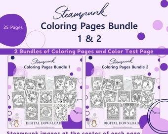 Steampunk Coloring Pages Bundle 1 & 2 | Stress Relief | For All Colorists | Men Women Seniors Children | Instant Digital Download