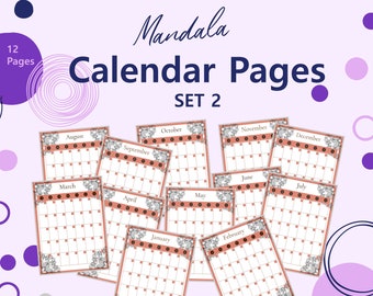Undated Mandala Calendar Pages Set 2 | Calendar Printable | Letter sized | Downloadable Printable | Print at Home