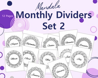 Mandala Monthly Dividers Printable Set 2 with Color-in Mandalas 8.5x11 Inch Digital Download Printable by Gilded Penguin Creations