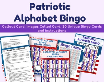 Patriotic Alphabet Bingo Printable 30 Unique 5X5 Bingo Cards, Calling Card, Imaged Called Card, Bingo Chips  DIGITAL DOWNLOAD Learning