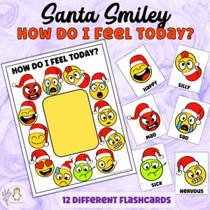 Santa Smiley Como me sinto hoje Pôster e Flashcards, Pré-escola, Jardim de infância, Primeira série, Educação domiciliar, Tema de Natal, Download digital