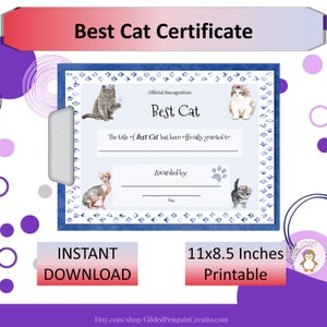 Best Cat Certificate 1 Printable, Cat Award, Great Gift for Cat Lover, Feline Award, Instant DIGITAL DOWNLOAD, Print at Home