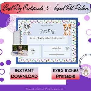 Best Dog Certificate 2 Insert Dog Picture Printable, Dog Award, Great Gift for Dog Lover, Instant DIGITAL DOWNLOAD, Print at Home