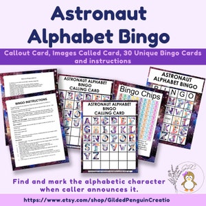Astronauta Alfabeto Bingo imprimible 30 tarjetas de bingo únicas 5X5, tarjeta de llamada, tarjeta de llamada con imagen, fichas de bingo DESCARGA DIGITAL Aprendizaje