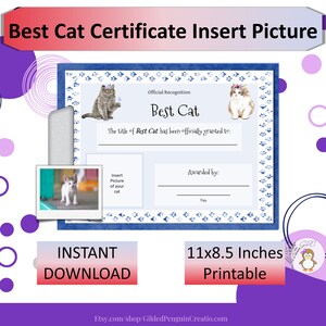 Best Cat Certificate 1 Insert Cat Picture Printable, Cat Award, Great Gift for Cat Lover, Feline, Instant DIGITAL DOWNLOAD, Print at Home