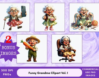 Funny Grandma Clipart Vol. 1 +BONUS IMAGES, Whimsical Grandma, Cute Senior Lady PNGs, Funny Granny, Digital Cartoon Grandmas