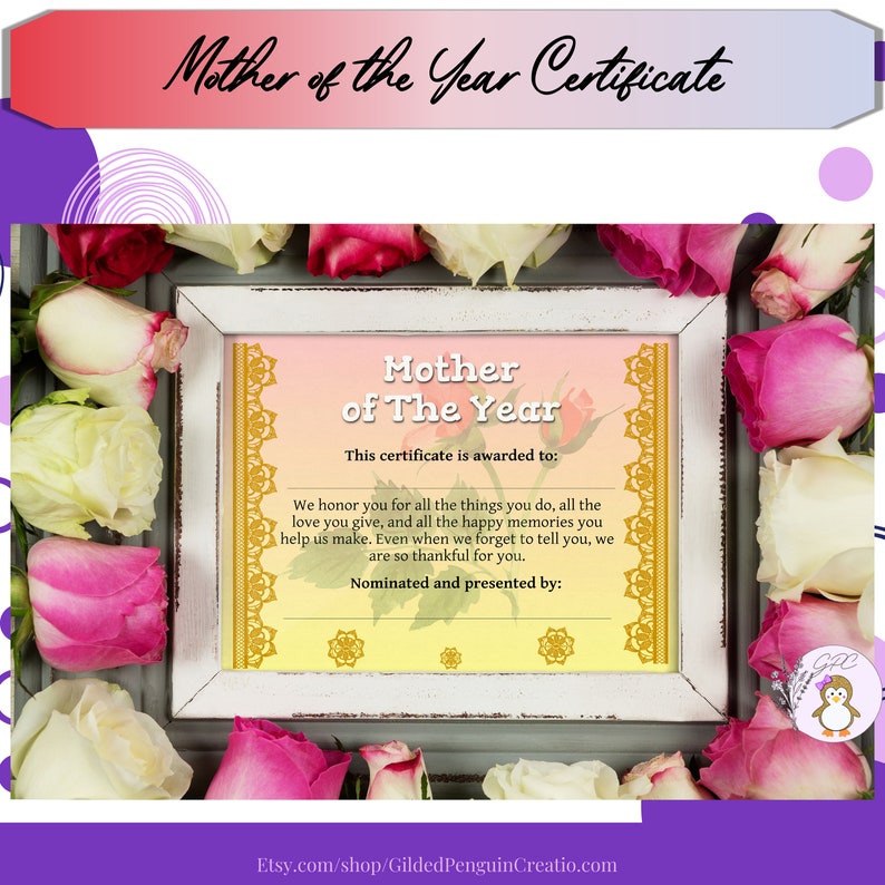 Mother of the Year Certificate Printable, Mother's Day Gift, Gift for