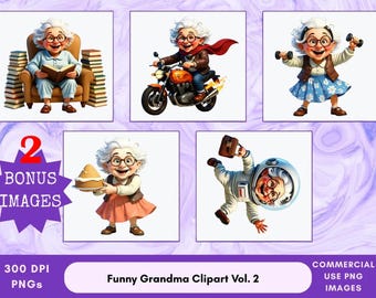 Zabawna Babcia Clipart Vol. 2 + DODATKOWE OBRAZY, Zabawne Starsze Panie PNG, Uroczy Seniorzy, Cyfrowa Grafika Babci, Zabawne Starsze Panie