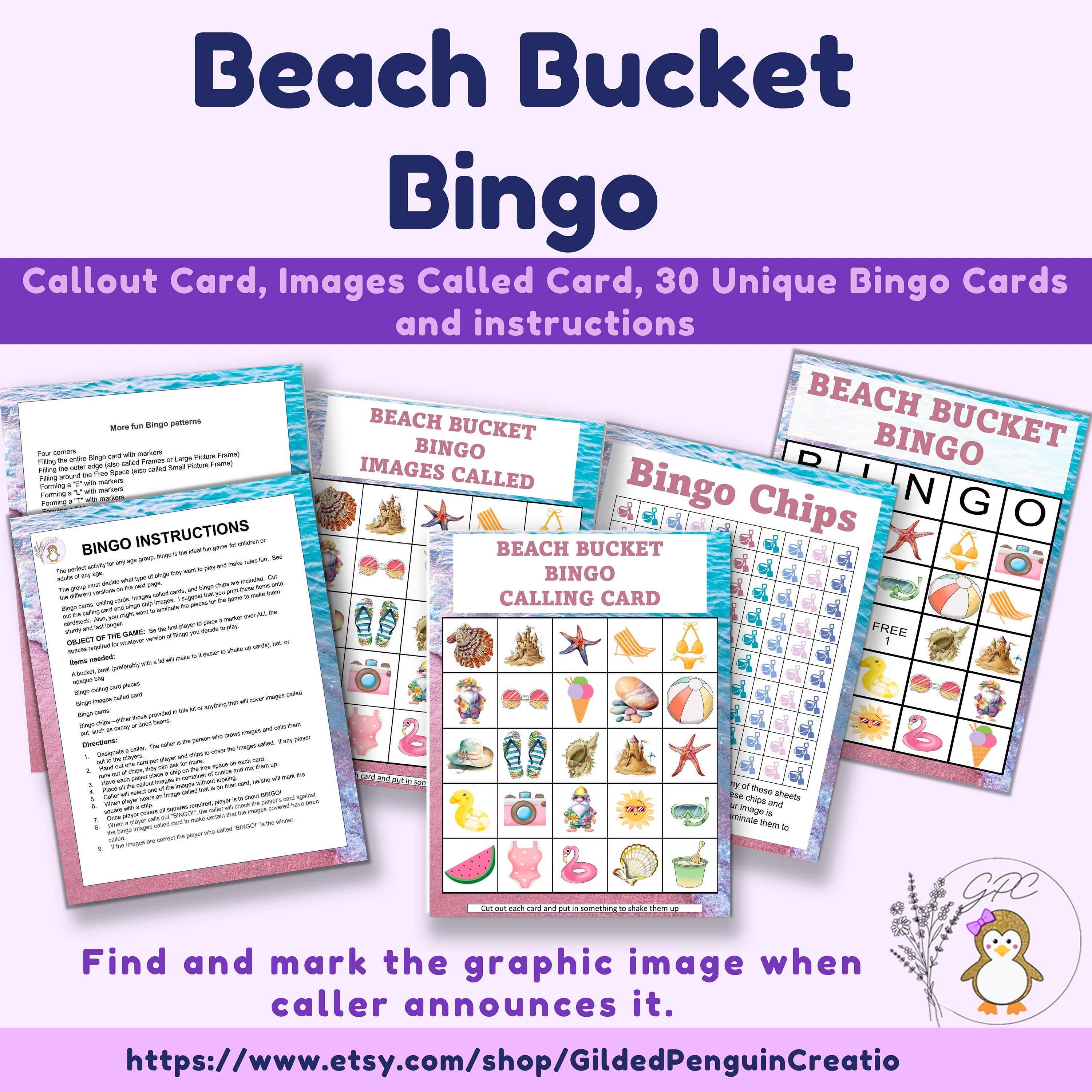 Summer Beach Bucket Bingo Printable 30 Unique 5X5 Bingo Cards, Calling Card, Image Called Card ...