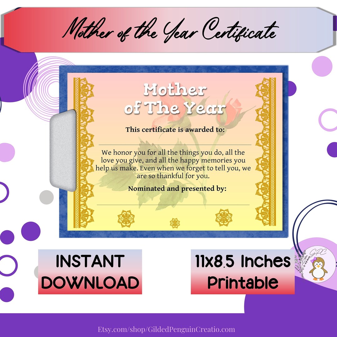 Mother of the Year Certificate Printable, Mother's Day Gift, Gift for