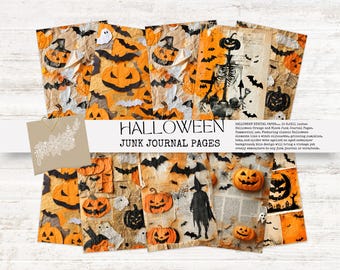 May include: A collection of Halloween-themed junk journal pages. The pages feature orange and black pumpkins, bats, and witch silhouettes. The text "HALLOWEEN JUNK JOURNAL PAGES" is displayed on a white banner.