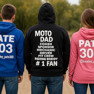 Moto Dad Hoodie & PATE 303 Matching Family Hoodies - Custom Racing Support Sweatshirts for Dad, Son, Daughter - Motocross Gear Gift