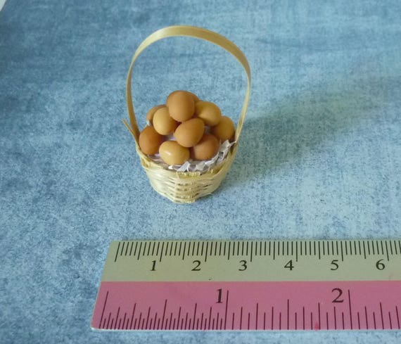 10 Chicken Eggs Vintage Ceramic Round Basket Dollhouse Miniatures Food Supply