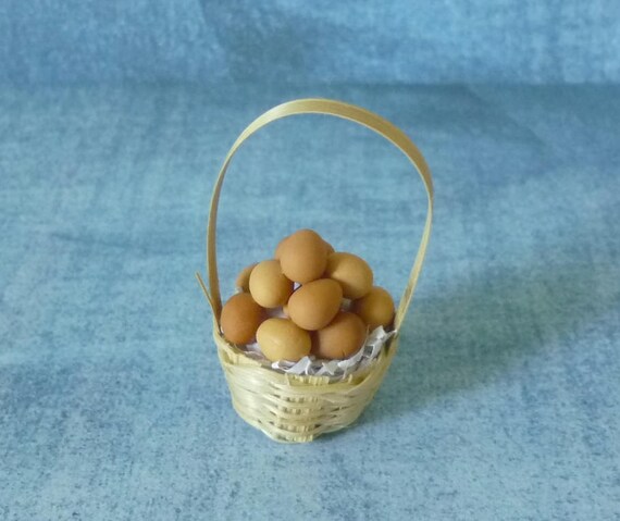 10 Chicken Eggs Vintage Ceramic Round Basket Dollhouse Miniatures Food Supply