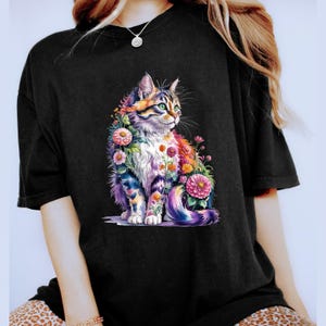 Cat Mom Floral Shirt | Vibrant Watercolor Kitty Tee | Unique Feline Lover Gift for Her | Aesthetic Plant Mom Apparel