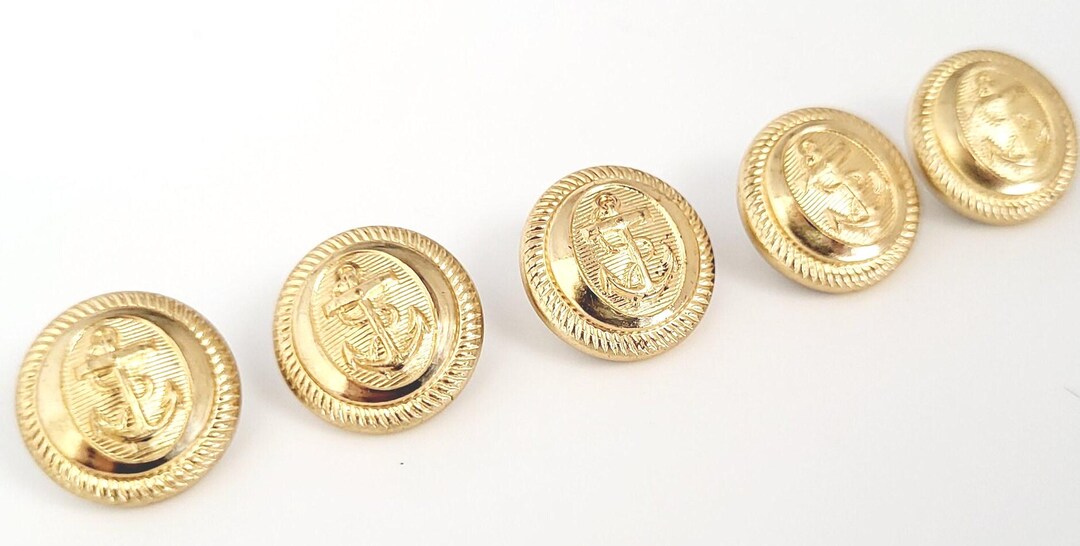 5 Vintage Metal Gold Tone Sailor Anchor Design Buttons 5/8