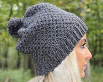 Dark Grey Slouchy Beanie, Crochet Slouchy Hat, Crochet Beanie, Crochet Hat, Slouchy Winter Hat, Womens Beanie, Pom Pom Hat, Slouch Hat