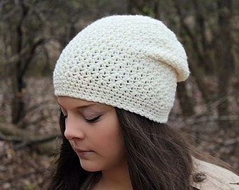 Cream Slouchy Hat Knit Cream Slouch Hat Beanie With Flower  display picture 1