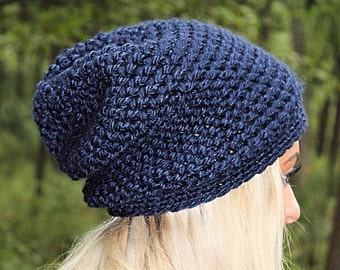Blue Slouchy Hat, Blue Slouchy Beanie, Navy Blue Hat, Navy Blue Beanie, Blue Crochet Hat, Navy Blue Winter Hat, Dark Blue Hat, THE ASPEN