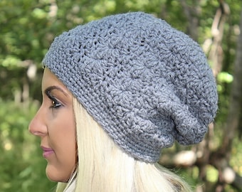 Grey Slouchy Beanie, Crochet Slouchy Hat, Crochet Hat, Crochet Beanie, Womens Hat, Grey Winter Hat, Hipster Beanie, Grey Beanie,THE SIERRA