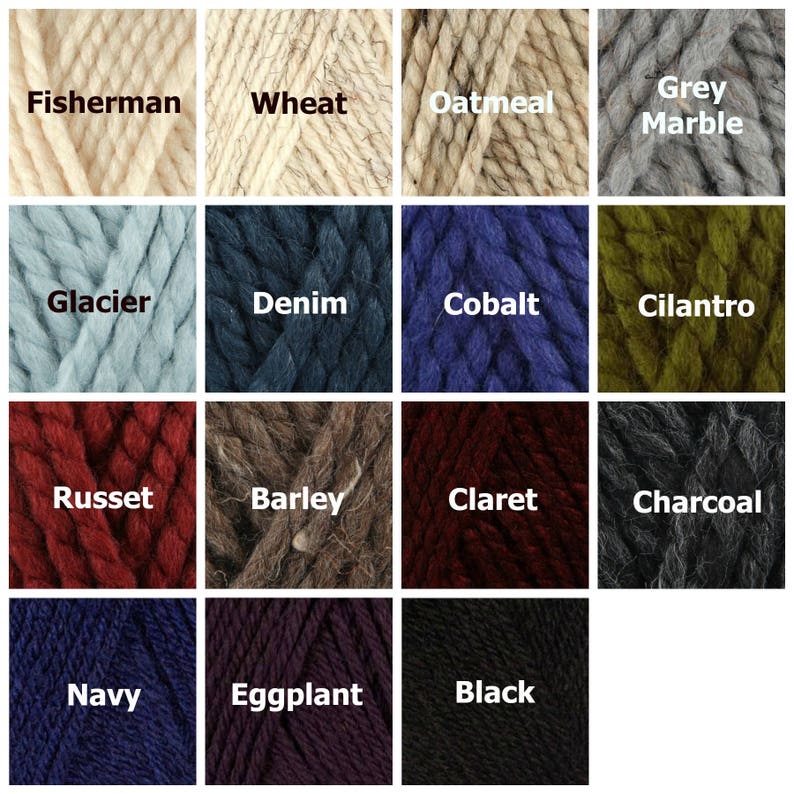 May include: A colour chart of yarn samples in various colours, including Fisherman, Wheat, Oatmeal, Grey Marble, Glacier, Denim, Cobalt, Cilantro, Russet, Barley, Claret, Charcoal, Navy, Eggplant, and Black.