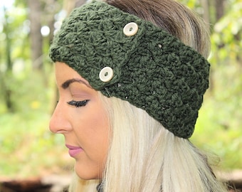 Green Headband, Green Earwarmers, Green Winter Headband, Green Crochet Headband, Dark Green Headband, Green Button Headband, THE SAVANNAH