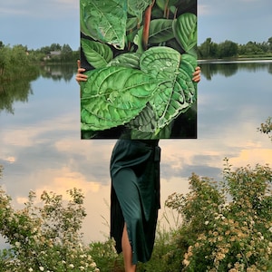 Green leaves oil painting, huge original painting, floral art, foliage photorealistic painting