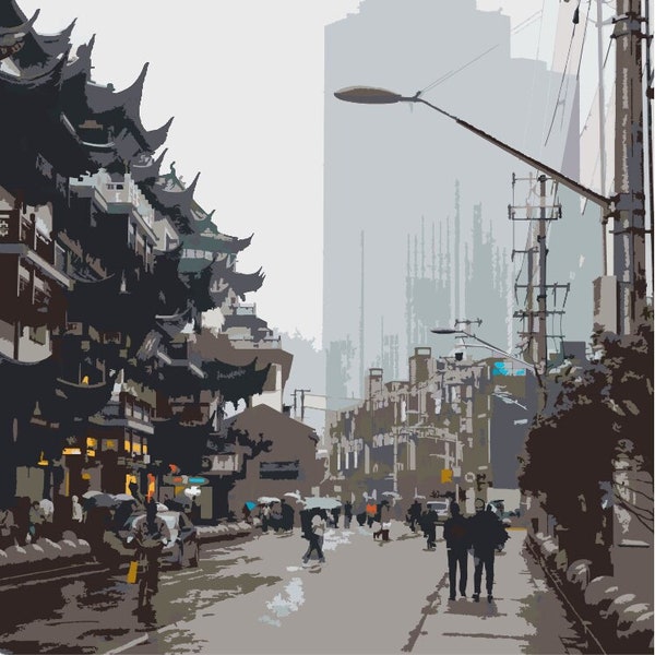 Cityscape Under Rainy Skies: Busy Street in China, Scenery, Travel, Pagoda, Paint by Numbers Digital Download Kit /DIY / SVG / 24 Color keys