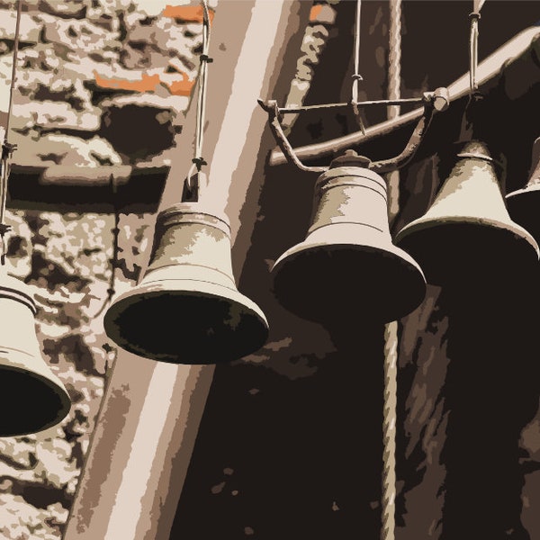 Sunlit Church Bell: Ancient Copper Pieces in Six, Bells, Old, Vintage / Paint by Numbers Digital Download Kit / DIY / SVG / 16 Color keys