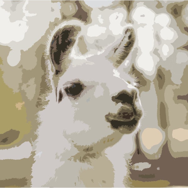 Smiling White Llama with blurred background, Animal, Alpaca, Wildlife / Paint by Numbers Digital Download Kit / DIY / SVG / 22 Color keys