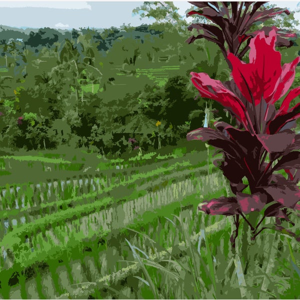 Cordyline and Rice Paddy Field, Vibrant Green Landscape with Plants, Bali/ Paint by Numbers Digital Download Kit / DIY / SVG / 28 Color keys