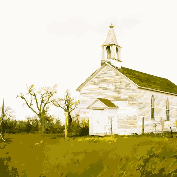 Old Church Amidst Rural Landscape with Clouds and Green Fields, Farmland / Paint by Numbers Digital Download Kit / DIY / SVG / 23 Color keys