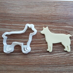 Può includere: Un tagliapasta di plastica bianca a forma di cane, accanto a un tagliapasta di pasta di zucchero marrone chiaro a forma dello stesso cane.