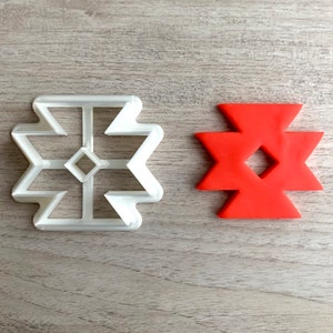 Op de afbeelding: Een witte plastic koekjesvormer en een rode klei koekje in de vorm van een ster met een diamant in het midden.