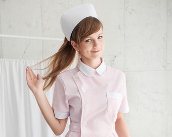 Cute Pink Nurse Uniform - High Quality 100% Cotton / ABDL Nurse / Scrubs / Nurse Dress with Short Sleeves + Nurse Cap