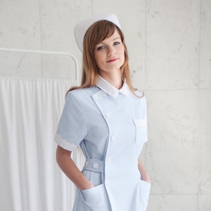 Cute Blue Nurse Uniform High Quality 100% Cotton / Medical / Hospital / Scrubs / Nurse Dress with Short Sleeves Nurse Cap image 1