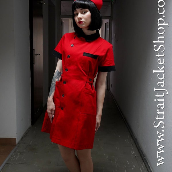 Red Nurse Uniform - Strict Nurse Uniform / Pin-Up Nurse / Mad Scientist / Scrubs / Evil / Dr. Horrible's / Gown / Nurse Cap / Black