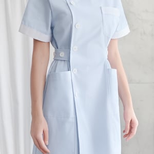 Cute Blue Nurse Uniform High Quality 100% Cotton / Medical / Hospital / Scrubs / Nurse Dress with Short Sleeves Nurse Cap image 8