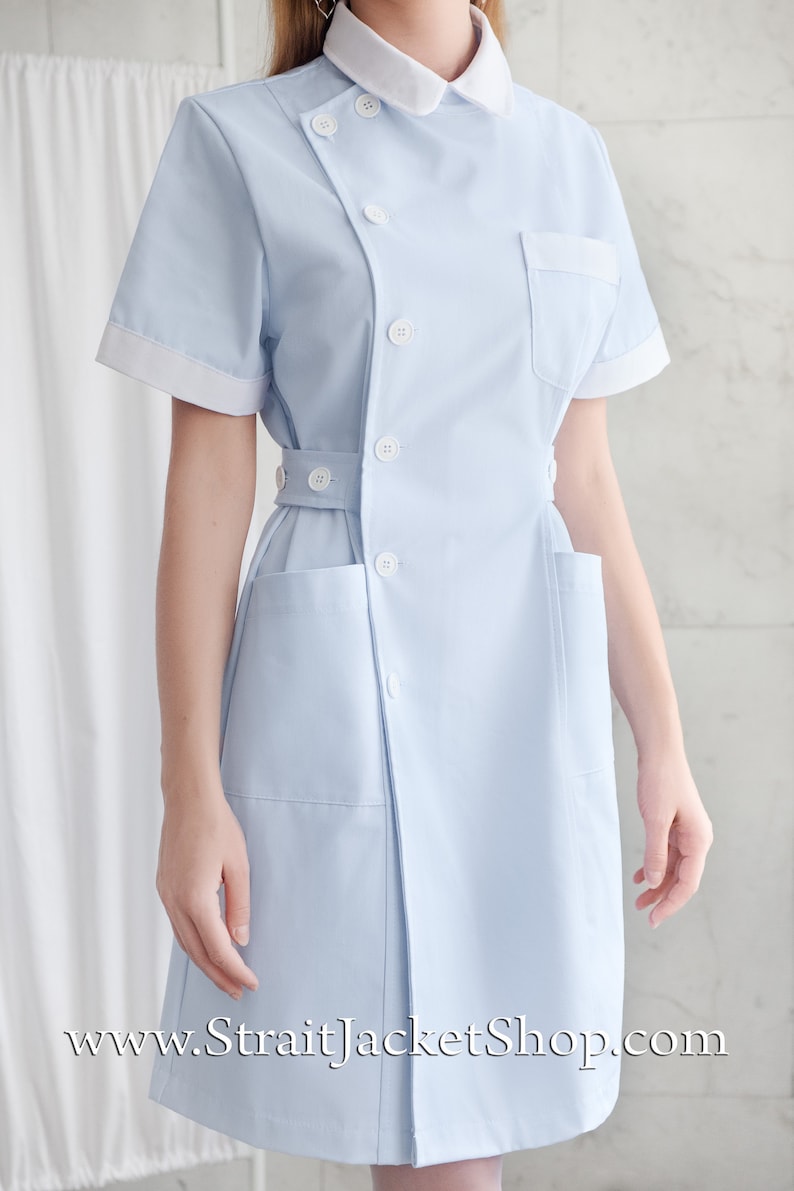 Cute Blue Nurse Uniform High Quality 100% Cotton / Medical / Hospital / Scrubs / Nurse Dress with Short Sleeves Nurse Cap image 8