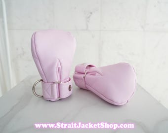 Pink Faux Leather Safety Mittens  - Padded Mittens With Segufix Locks / ABDL / Restraints Water Resistant