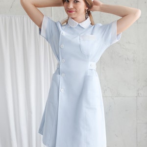 Cute Blue Nurse Uniform High Quality 100% Cotton / Medical / Hospital / Scrubs / Nurse Dress with Short Sleeves Nurse Cap image 5